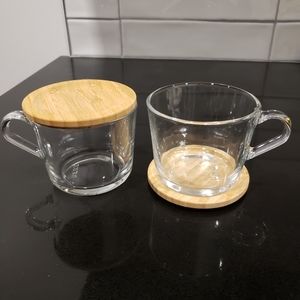 IKEA clear glass mug with bamboo lid set two